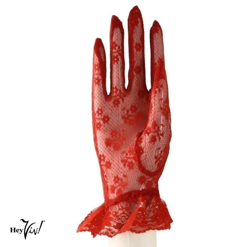 Lace Gloves w Wrist Ruffle in White Red Ivory Black Retro Party Wedding -Hey Viv